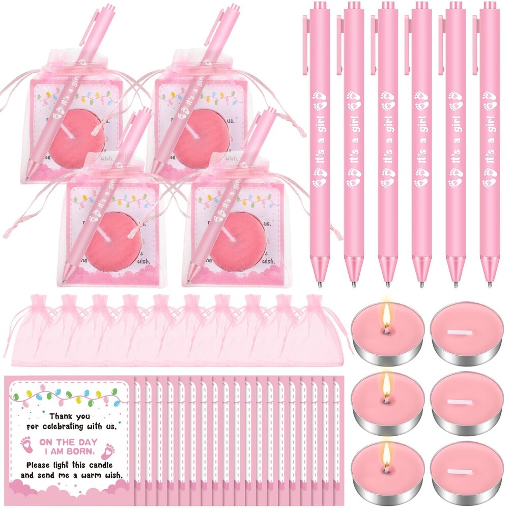 25 Pink Baby Shower Favors/Gender Reveal Candles, Bags, Card and Pens Set